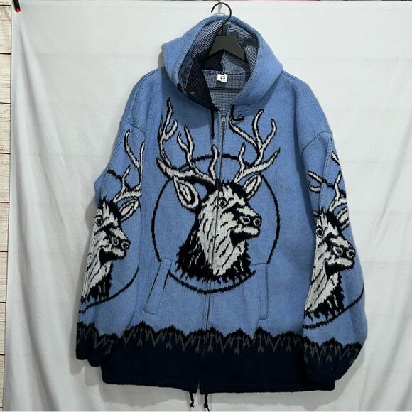 Vintage Wool Hooded Full Zip Sweatshirt Men’s XL Blue & Black With Elk - Picture 2 of 10
